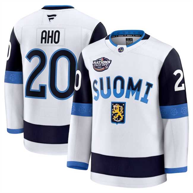 Mens Finland #20 Sebastian Aho White 2025 4 Nations Face-Off Premium Stitched Jersey Dzhi->2025 4 nations face-off->NHL Jersey